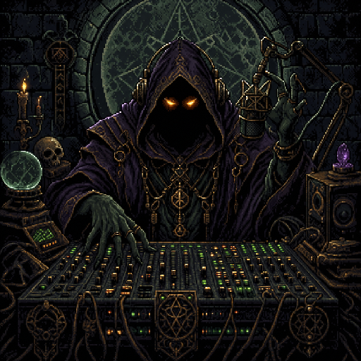 The Dread Wizard operating a midnight radio console, glowing eyes fixed on the broadcast